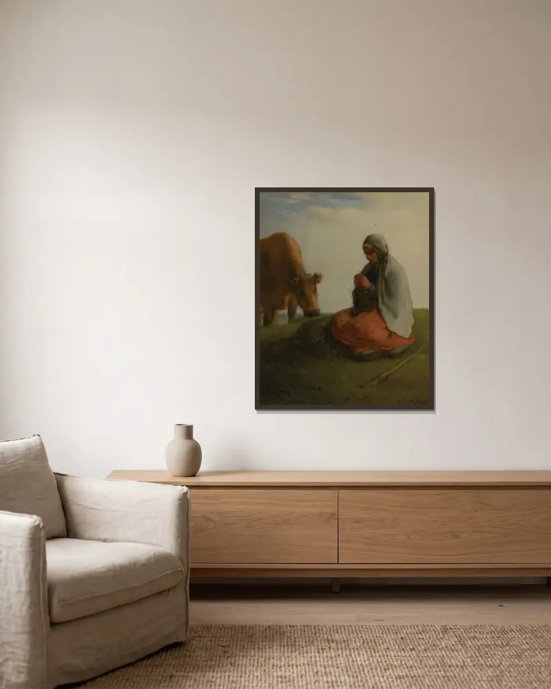 A shepherdess knitting av Jean-François Millet inramad på en vägg