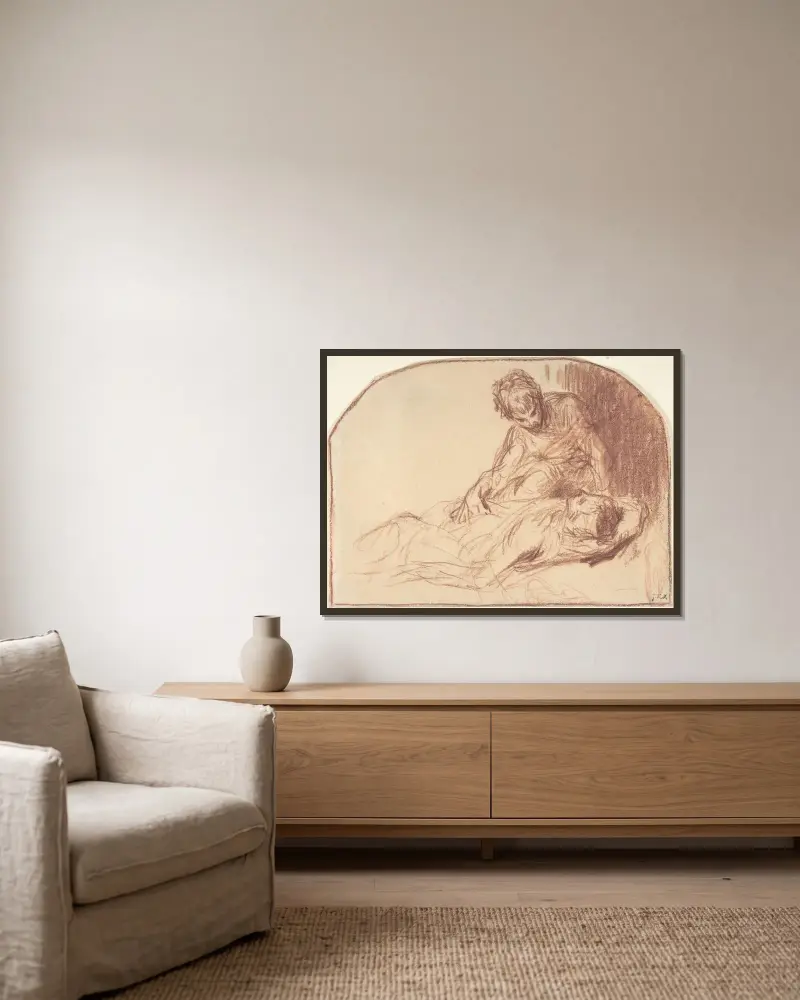 En ung man sittande, böjd över en liggande figur av Jean-François Millet inramad på en vägg