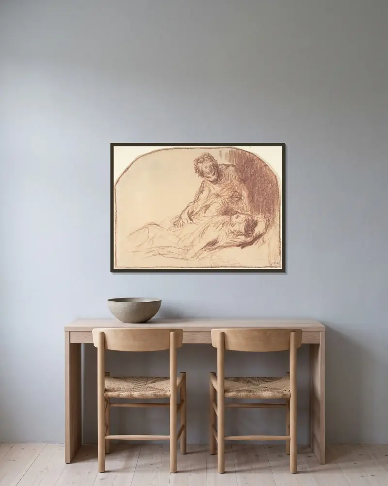 En ung man sittande, böjd över en liggande figur av Jean-François Millet inramad på en vägg