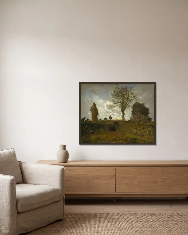 Höstlandskap med en flock kalkoner av Jean-François Millet inramad på en vägg