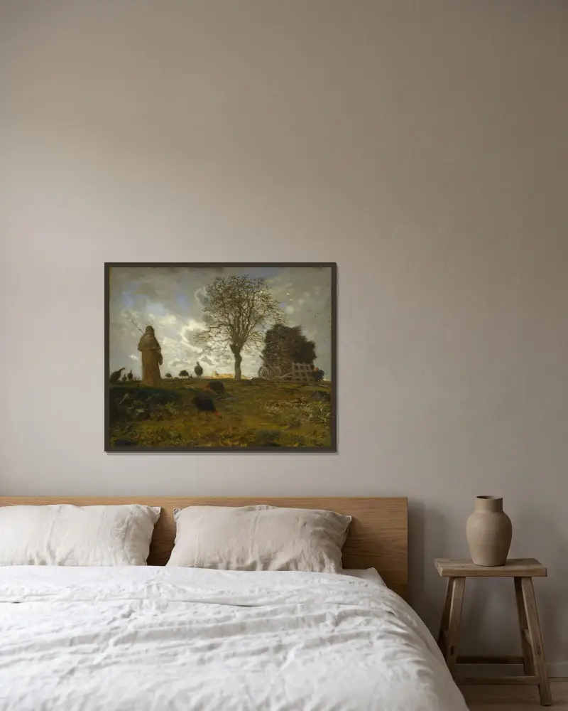 Höstlandskap med en flock kalkoner av Jean-François Millet inramad på en vägg