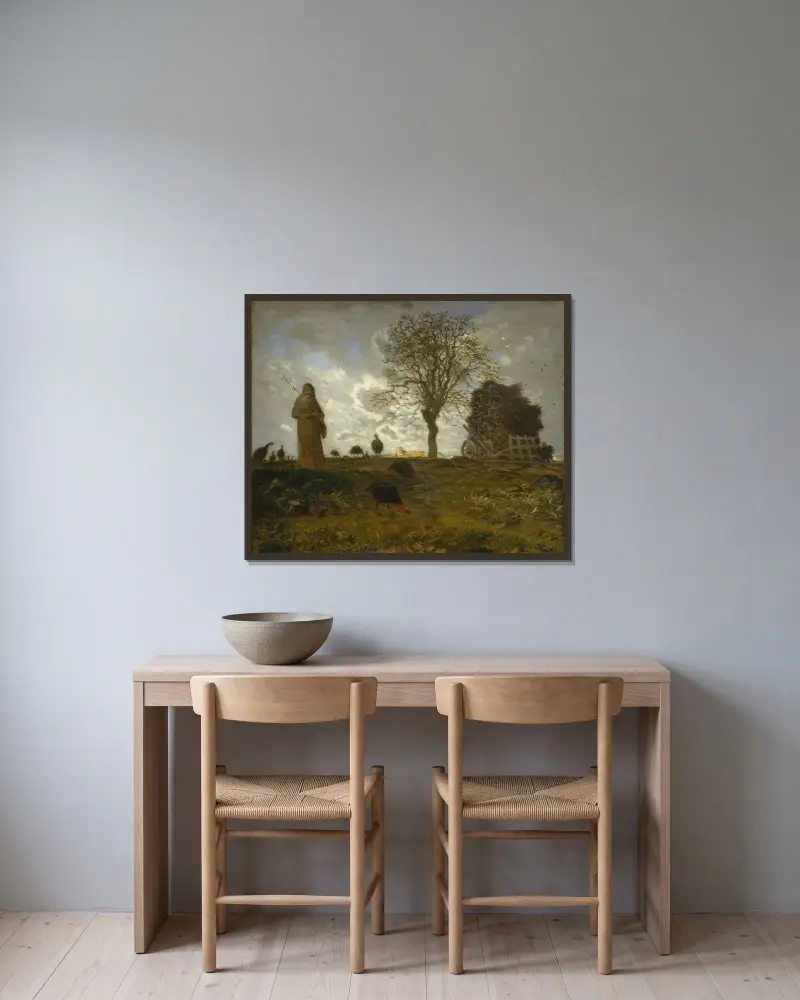 Höstlandskap med en flock kalkoner av Jean-François Millet inramad på en vägg