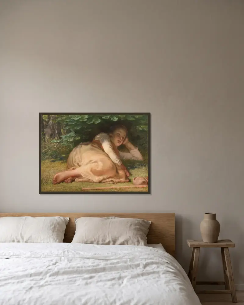 Sovande herdinna i skuggan av ett ekkratsnår av Jean-François Millet inramad på en vägg