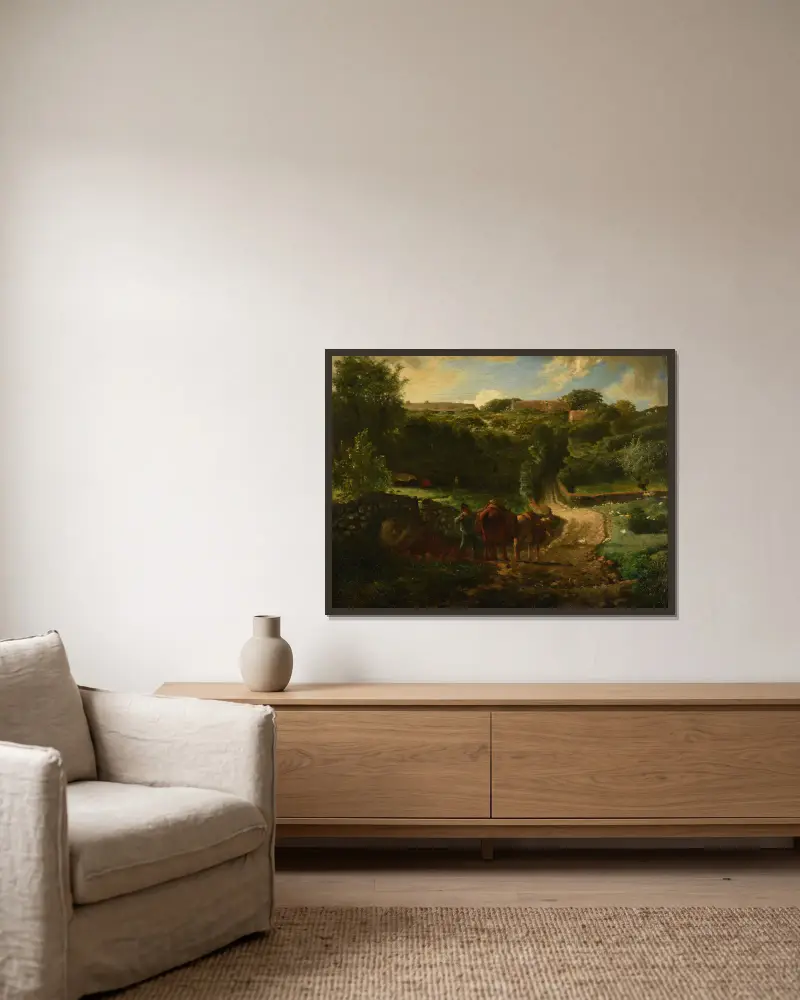 Hameau Cousin i Gréville av Jean-François Millet inramad på en vägg