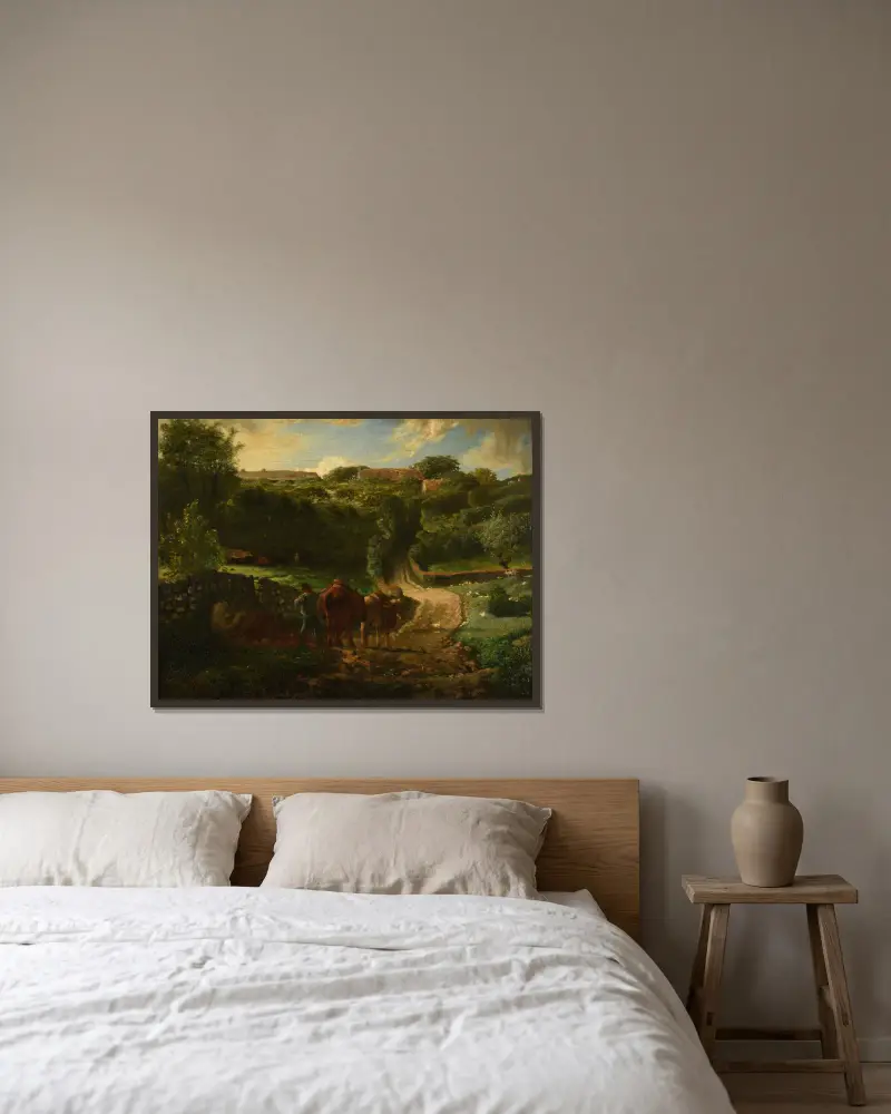 Hameau Cousin i Gréville av Jean-François Millet inramad på en vägg