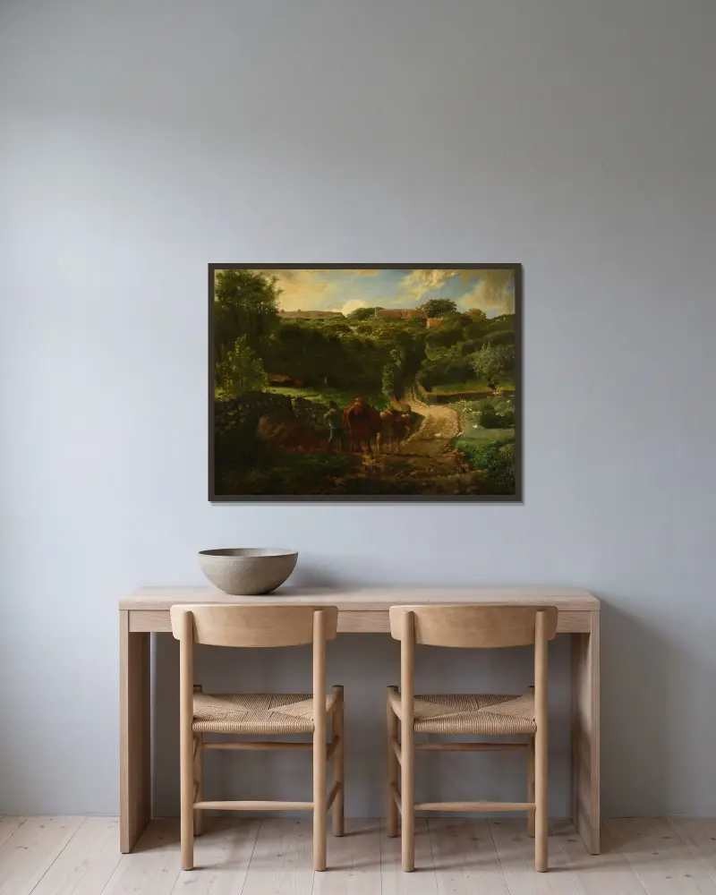 Hameau Cousin i Gréville av Jean-François Millet inramad på en vägg