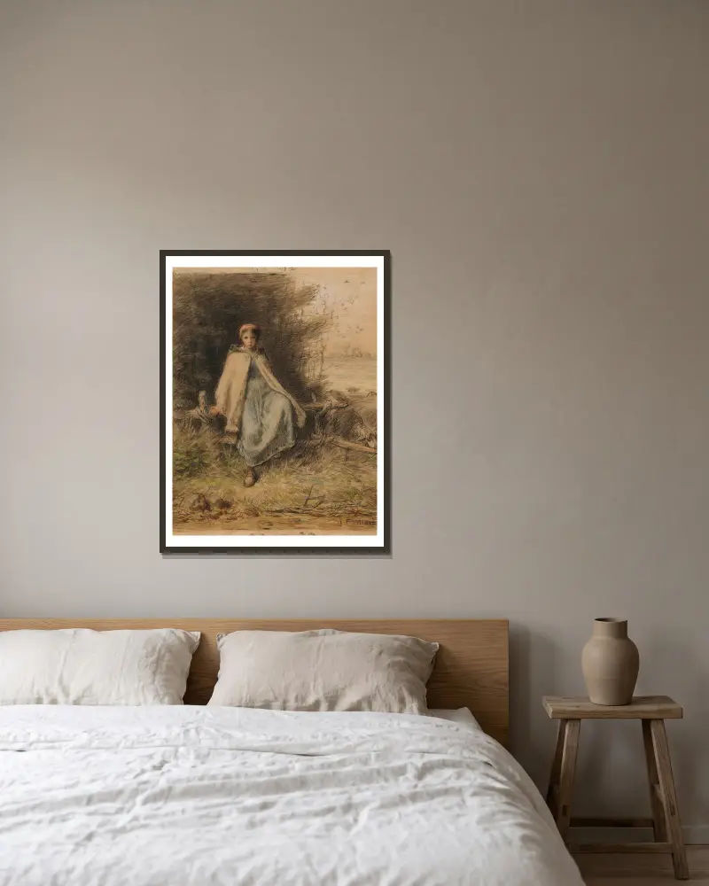 Ung herdinna sittande på en gärdesgård av Jean-François Millet inramad på en vägg