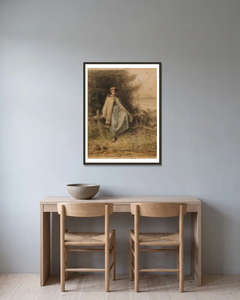Ung herdinna sittande på en gärdesgård av Jean-François Millet inramad på en vägg