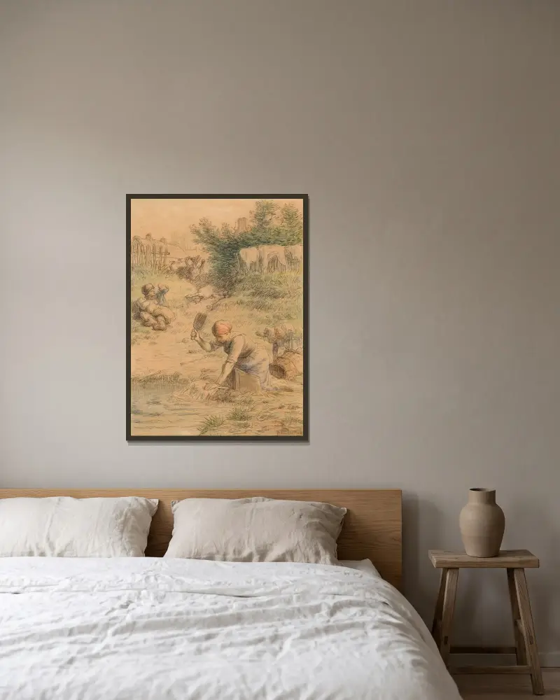 La Lavandière av Jean-François Millet inramad på en vägg