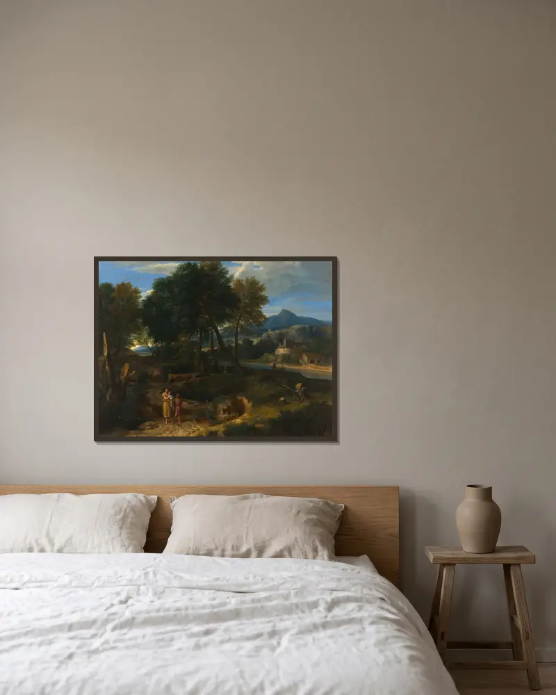 Pastoral med en ung herde och en kvinna med ett barn i famnen av Jean-François Millet inramad på en vägg
