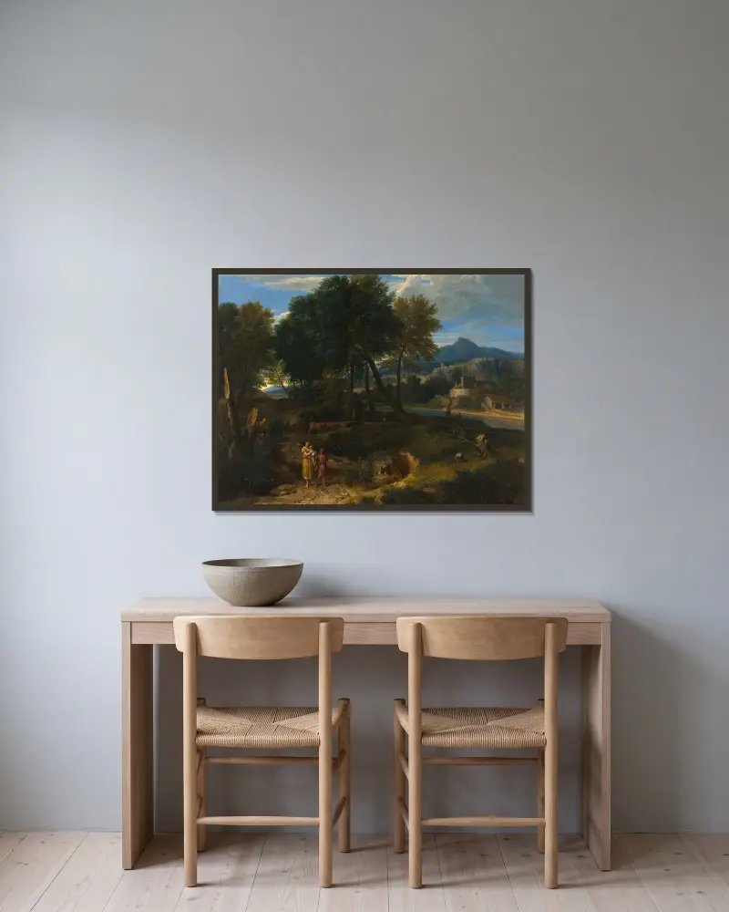 Pastoral med en ung herde och en kvinna med ett barn i famnen av Jean-François Millet inramad på en vägg