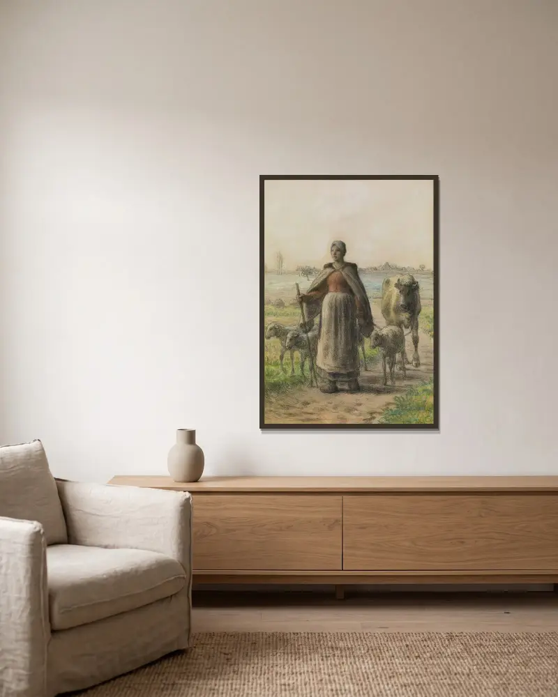 Bäuerin treibt ihre Kuh und ihre Schafe aufs Feld von Jean-François Millet gerahmt an einer Wand