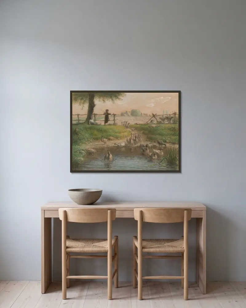 Bondbarn vid gåsdammen av Jean-François Millet inramad på en vägg