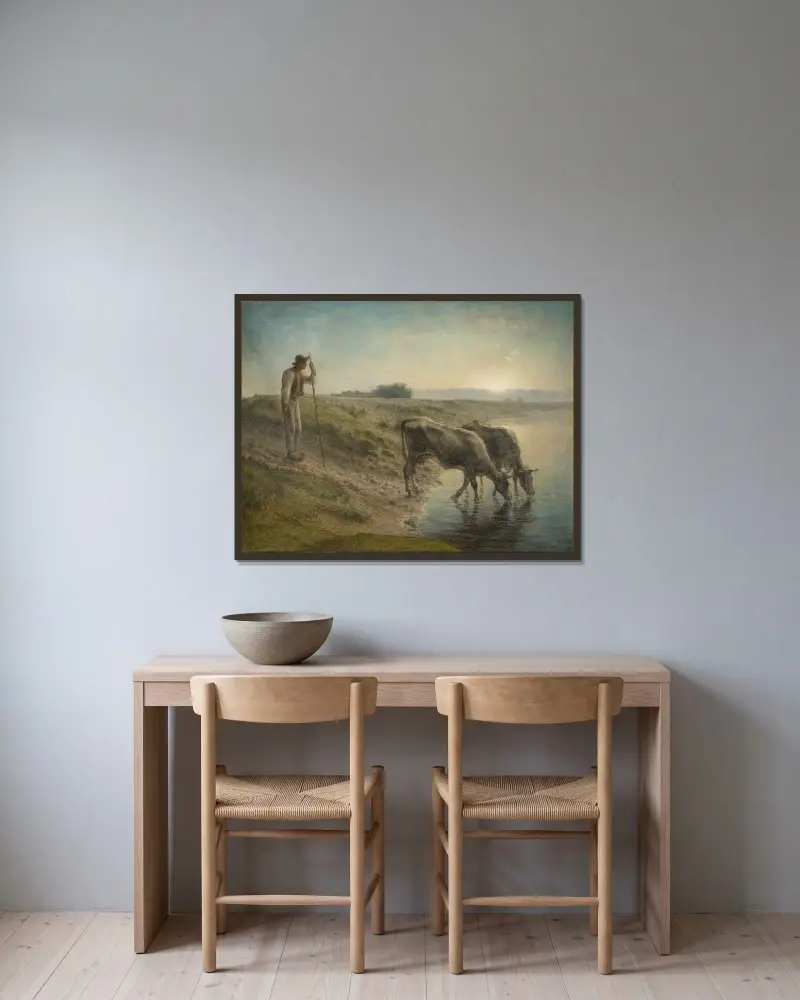 Bonde som vattnar sina kor på stranden av floden Allier, skymning av Jean-François Millet inramad på en vägg