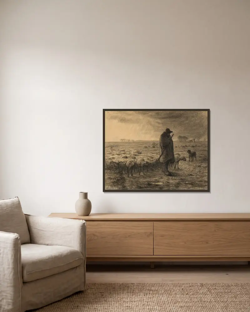Hirte, der mit seiner Herde zurückkehrt von Jean-François Millet gerahmt an einer Wand