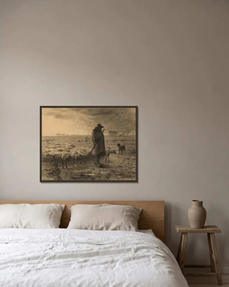 Hirte, der mit seiner Herde zurückkehrt von Jean-François Millet gerahmt an einer Wand