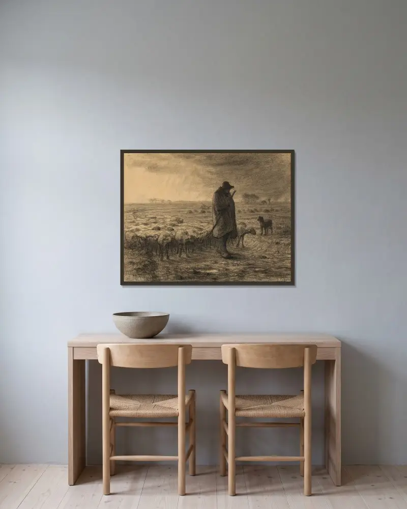 Hirte, der mit seiner Herde zurückkehrt von Jean-François Millet gerahmt an einer Wand