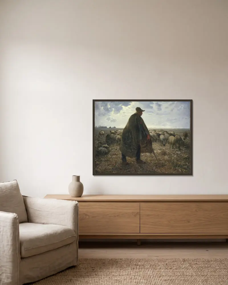 Shepherd Tending His Flock av Jean-François Millet inramad på en vägg