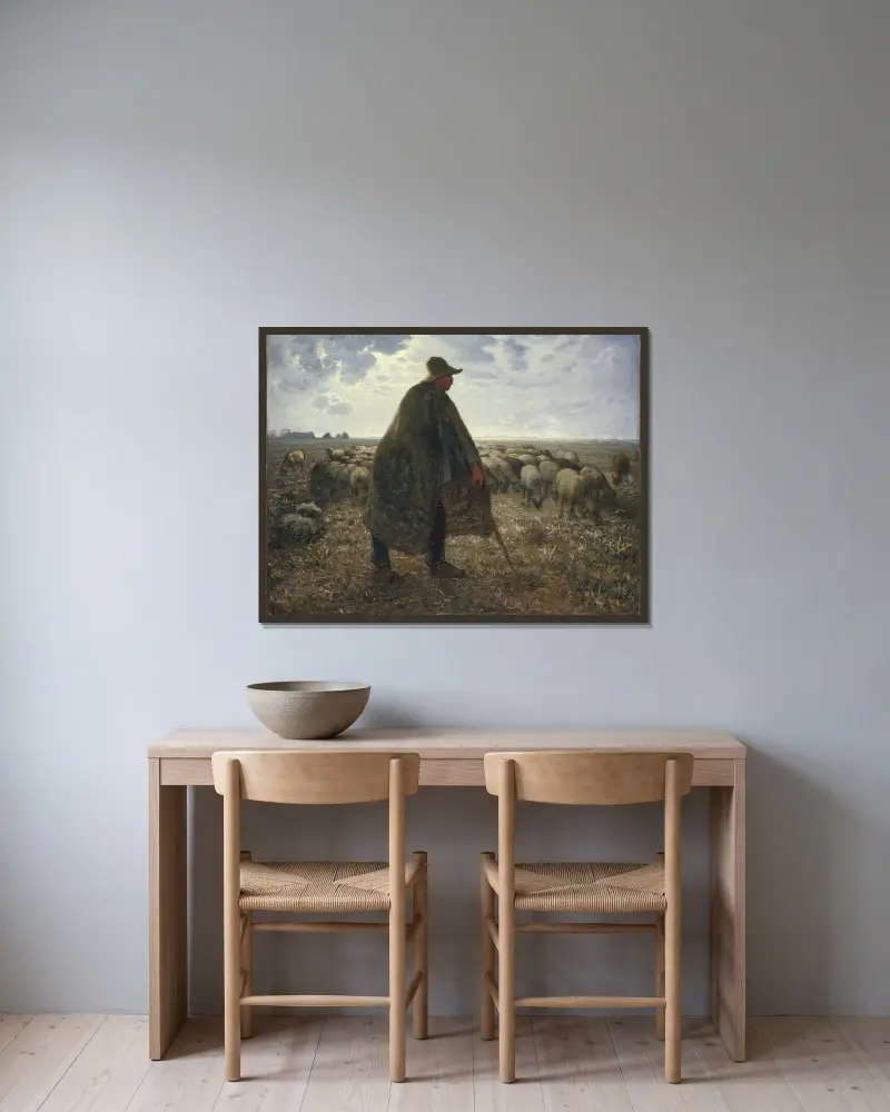 Shepherd Tending His Flock av Jean-François Millet inramad på en vägg