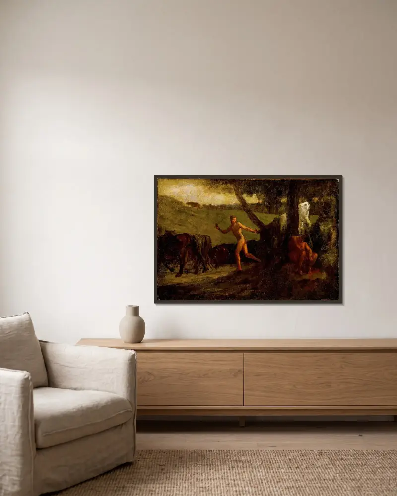 Studie för ’Mercurius leder Argus kor till vatten’ av Jean-François Millet inramad på en vägg