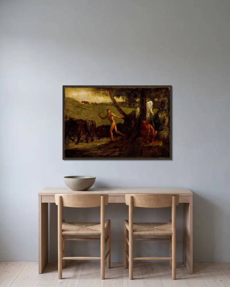 Studie för ’Mercurius leder Argus kor till vatten’ av Jean-François Millet inramad på en vägg