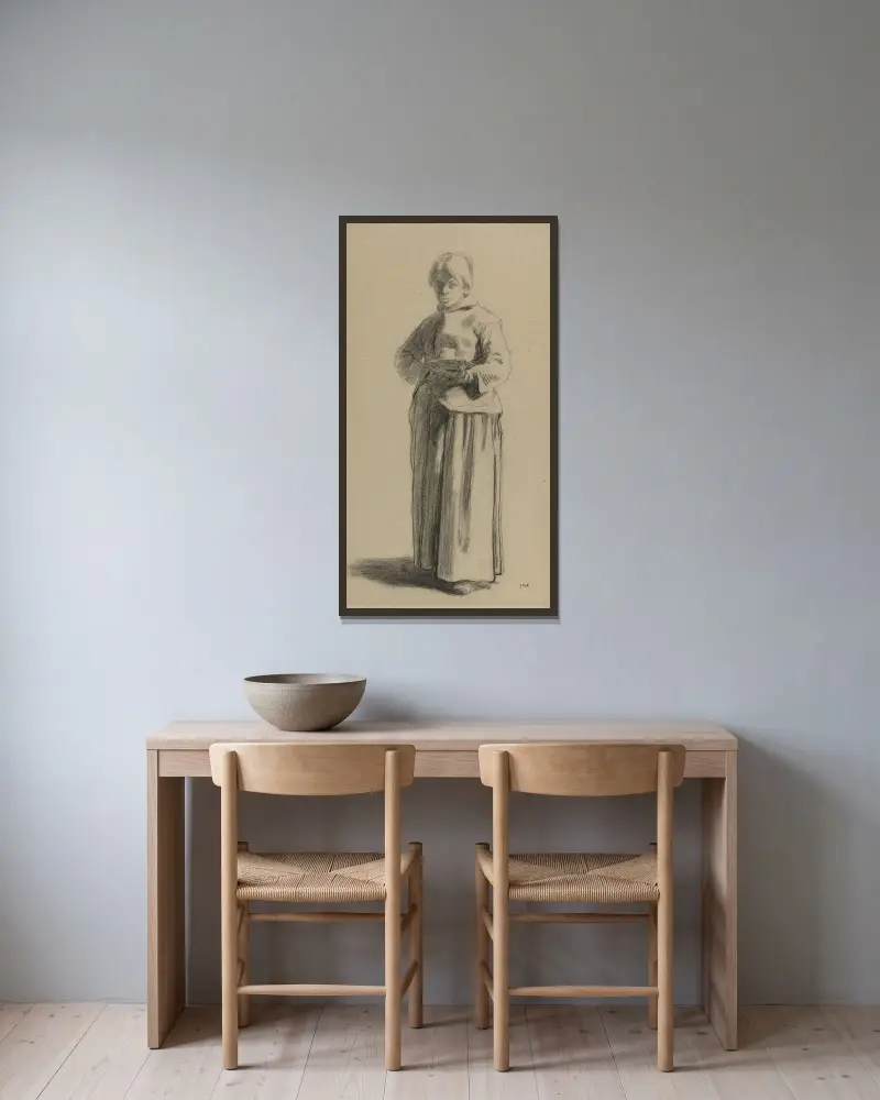 Studie einer Frau mit einer Tasse von Jean-François Millet gerahmt an einer Wand