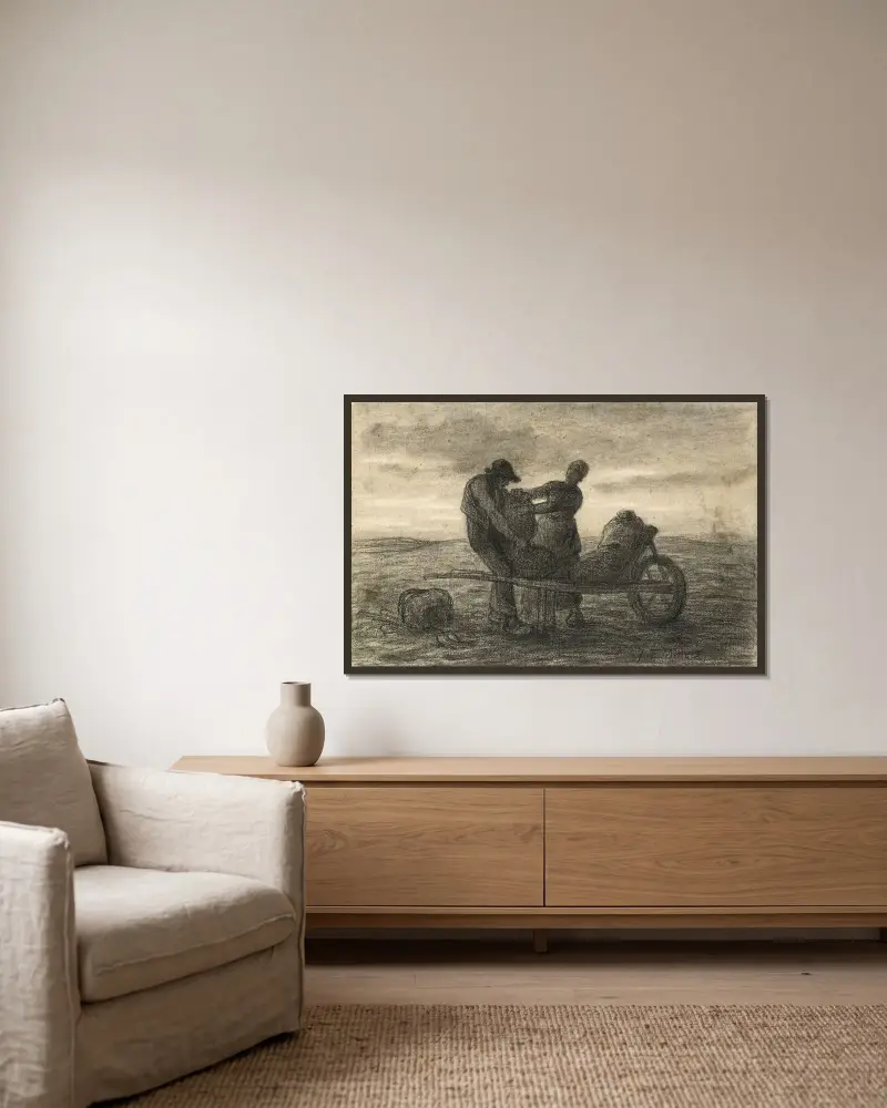 Die Kartoffelernte von Jean-François Millet gerahmt an einer Wand