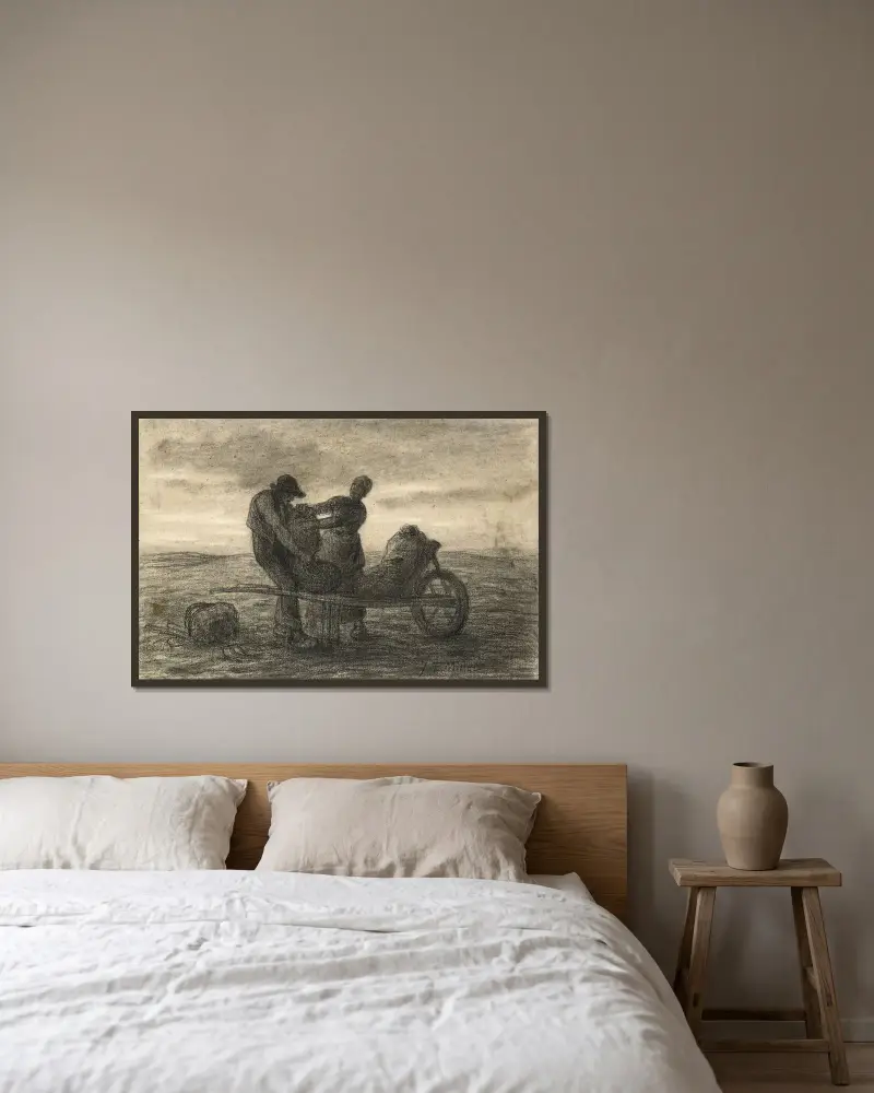 Die Kartoffelernte von Jean-François Millet gerahmt an einer Wand