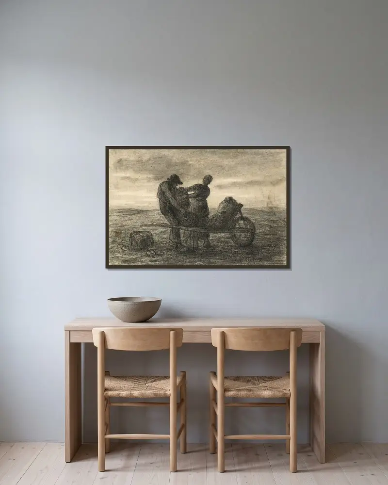 Die Kartoffelernte von Jean-François Millet gerahmt an einer Wand