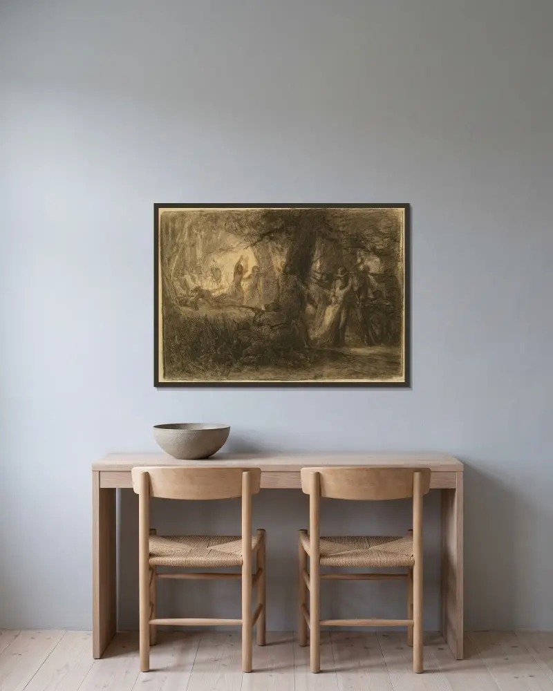 Räddningen av Daniel Boones och Richard Callaways döttrar av Jean-François Millet inramad på en vägg