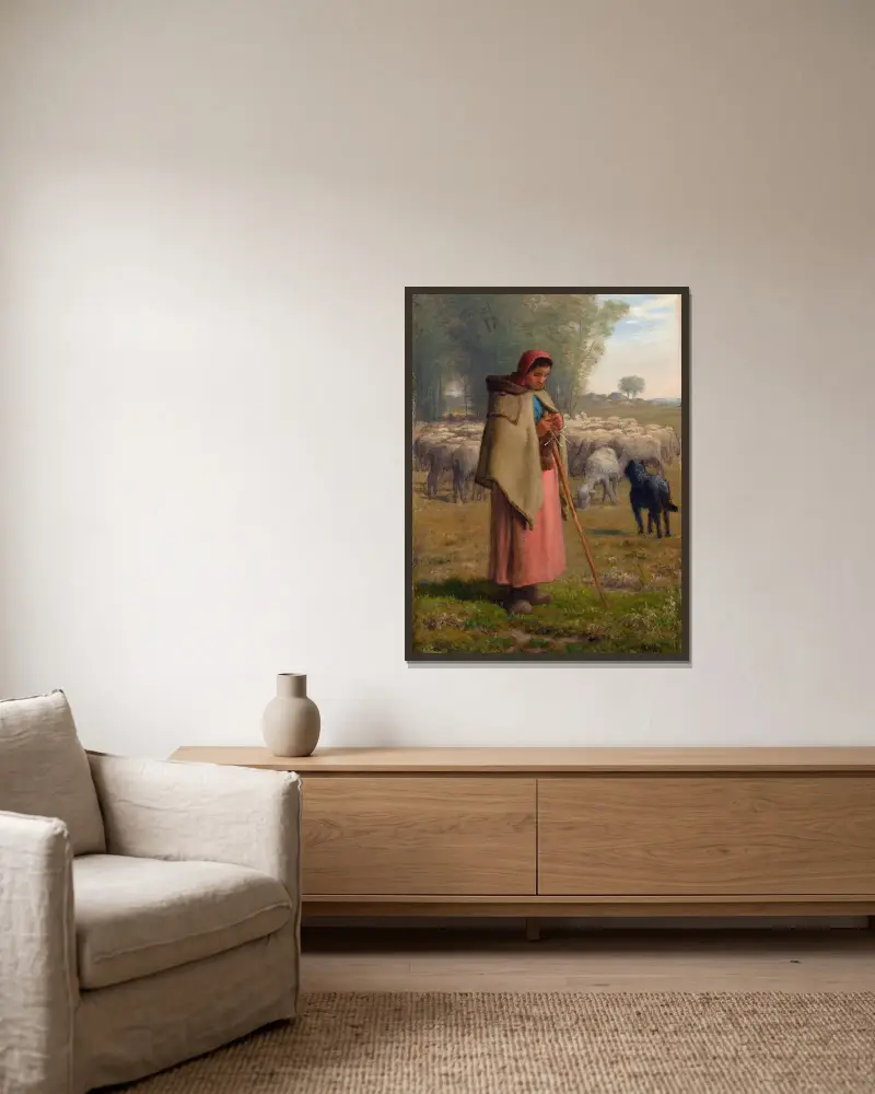 Young Girl Guarding Her Sheep av Jean-François Millet inramad på en vägg