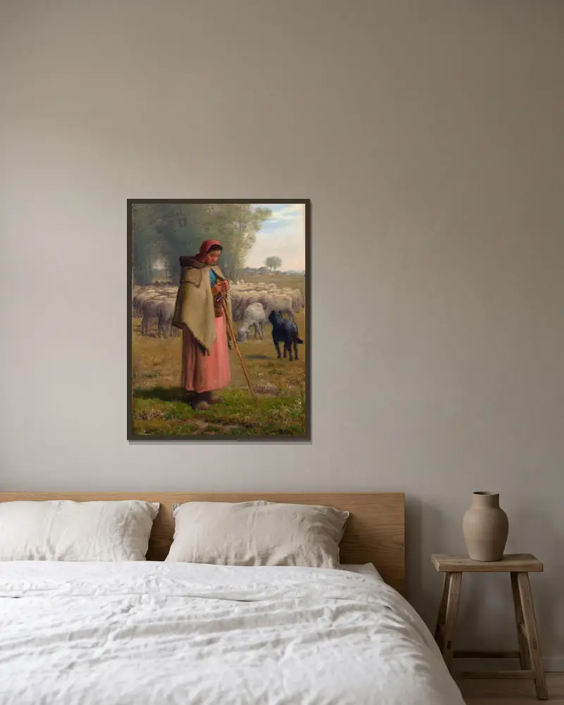 Young Girl Guarding Her Sheep av Jean-François Millet inramad på en vägg