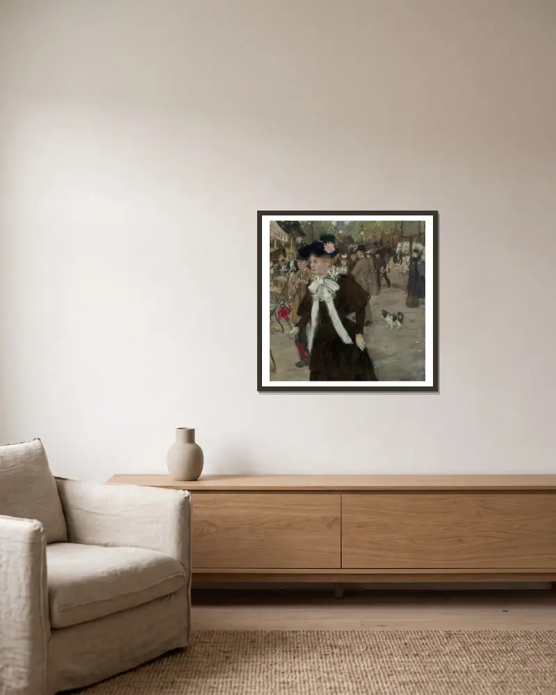 Elegant kvinna på Boulevard des Italiens, Paris av Jean François Raffaëlli inramad på en vägg