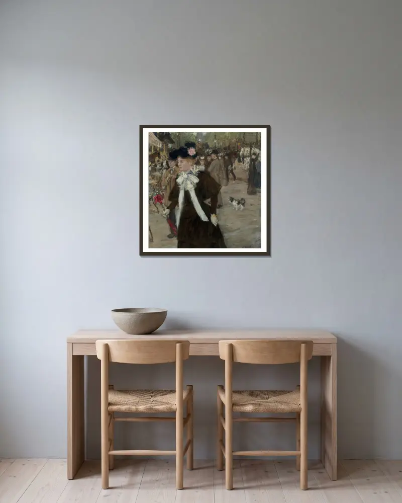 Elegant kvinna på Boulevard des Italiens, Paris av Jean François Raffaëlli inramad på en vägg