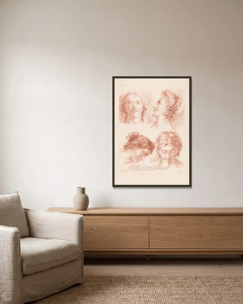 Four women’s heads in different poses av Louis-François Roubiliac inramad på en vägg