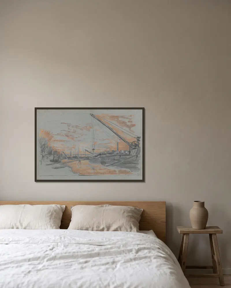 Bercy – Paris (bord de Seine avec chalands à l’ancre en cours de chargement, soleil couchant) av Jean-François Taelemans inramad på en vägg