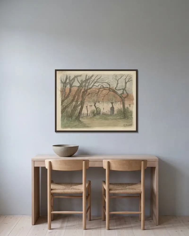 Grande maison campagnarde derrière un bouquet d’arbres av Jean-François Taelemans inramad på en vägg