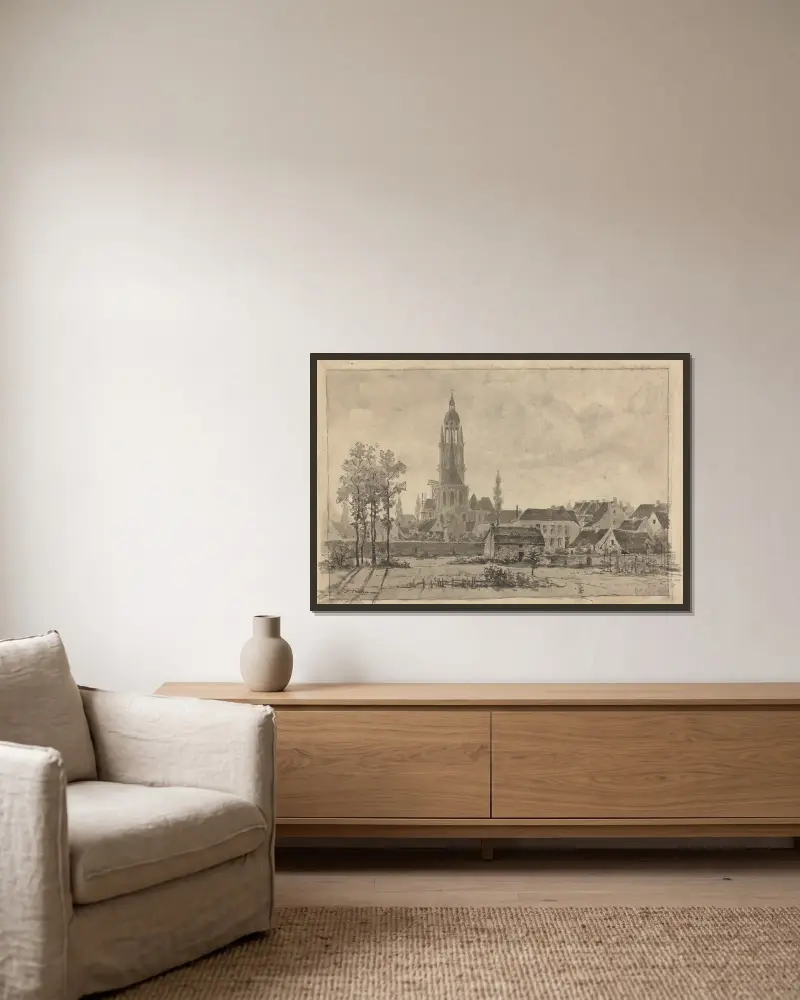 Hal- (vue arrière de l’église, pré, maisonnette et bouquet d’arbres à l’avant-plan) av Jean-François Taelemans inramad på en vägg