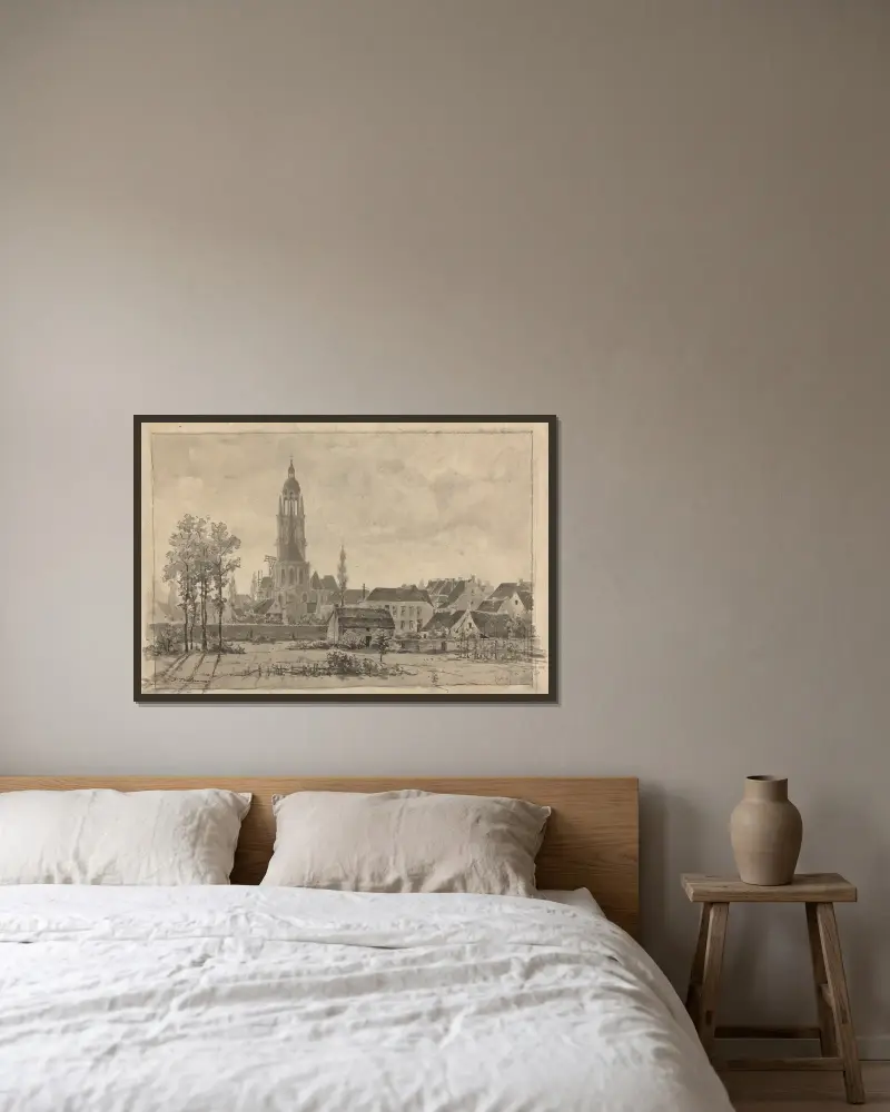 Hal- (vue arrière de l’église, pré, maisonnette et bouquet d’arbres à l’avant-plan) av Jean-François Taelemans inramad på en vägg