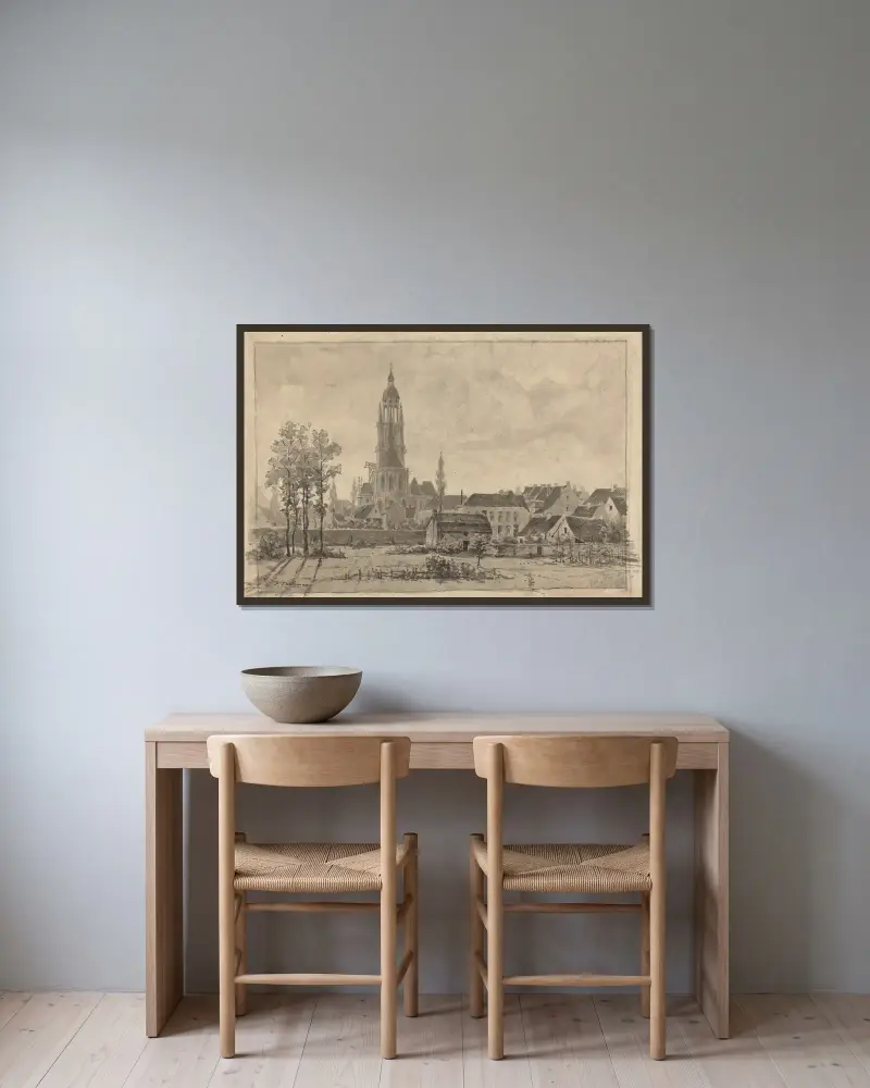 Hal- (vue arrière de l’église, pré, maisonnette et bouquet d’arbres à l’avant-plan) av Jean-François Taelemans inramad på en vägg