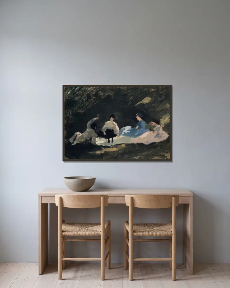 Frühstück am Waldrand von Frank Buchser gerahmt an einer Wand