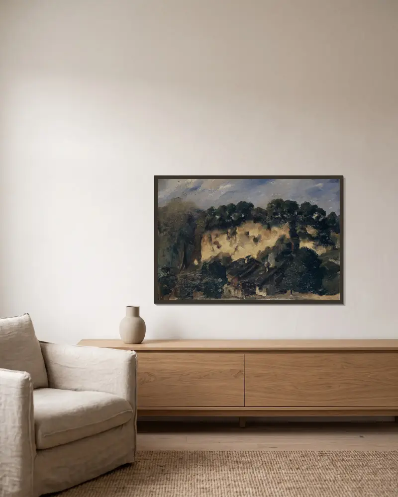 Häuser an einem Steinbruch von Frank Buchser gerahmt an einer Wand