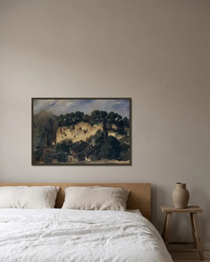 Häuser an einem Steinbruch von Frank Buchser gerahmt an einer Wand