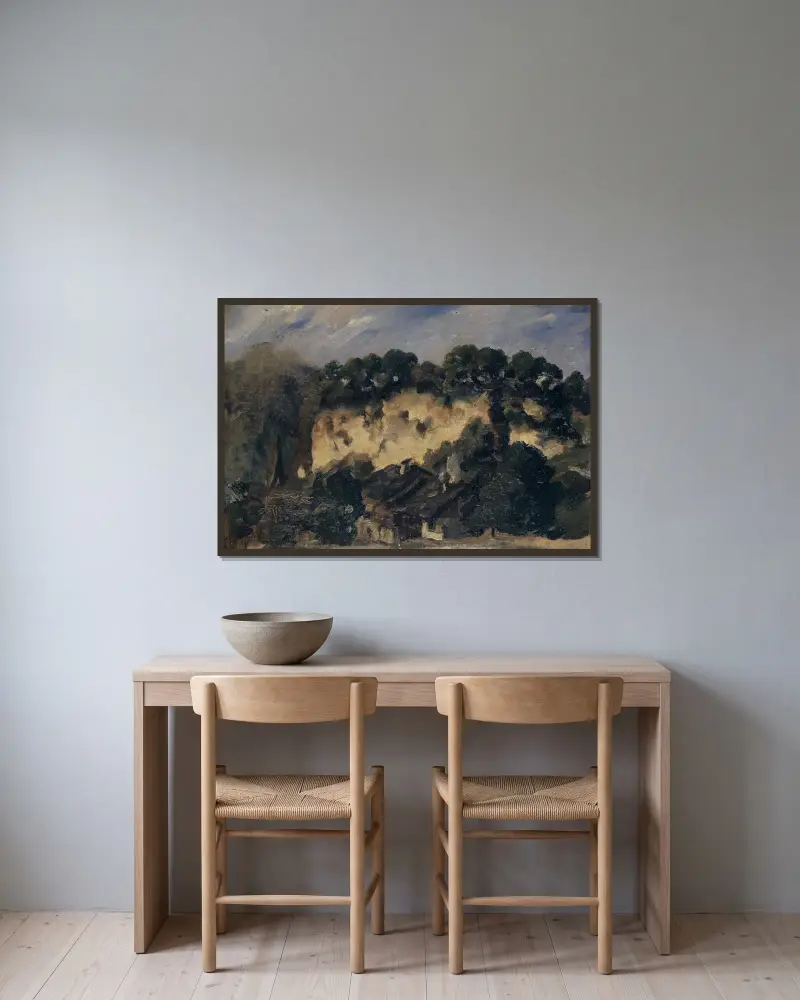 Häuser an einem Steinbruch von Frank Buchser gerahmt an einer Wand