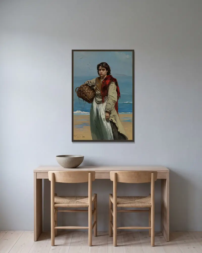 Ung flicka med korg vid havsstranden (Irlands sorg) av Frank Buchser inramad på en vägg