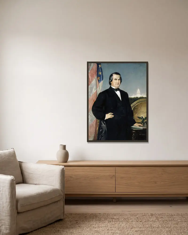 Porträtt av den amerikanske presidenten Andrew Johnson av Frank Buchser inramad på en vägg