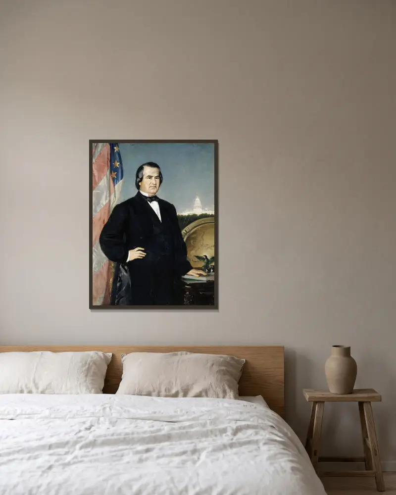 Porträtt av den amerikanske presidenten Andrew Johnson av Frank Buchser inramad på en vägg