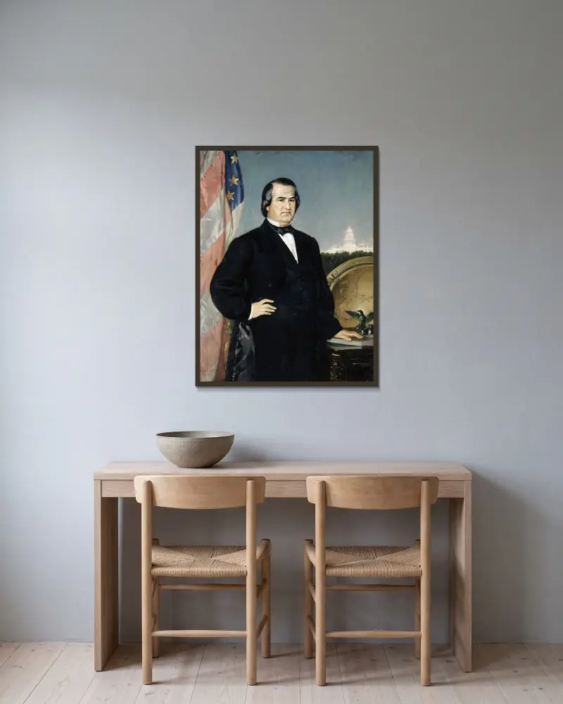 Porträtt av den amerikanske presidenten Andrew Johnson av Frank Buchser inramad på en vägg