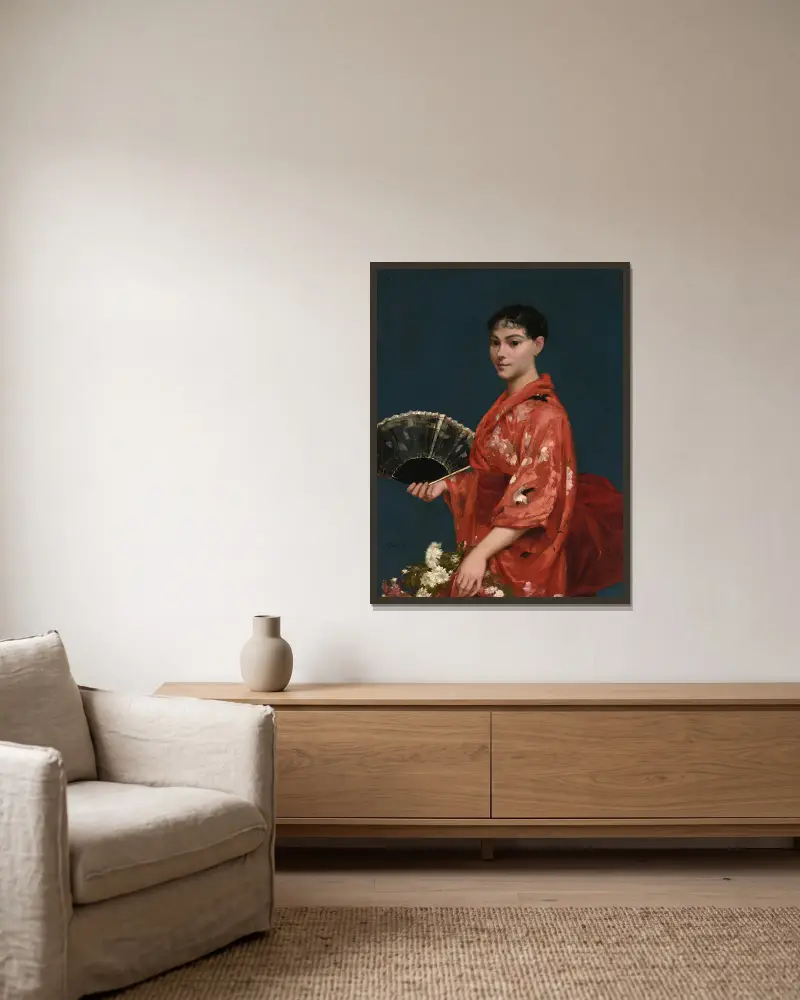 Ung kvinna i röd kimono av Frank Buchser inramad på en vägg
