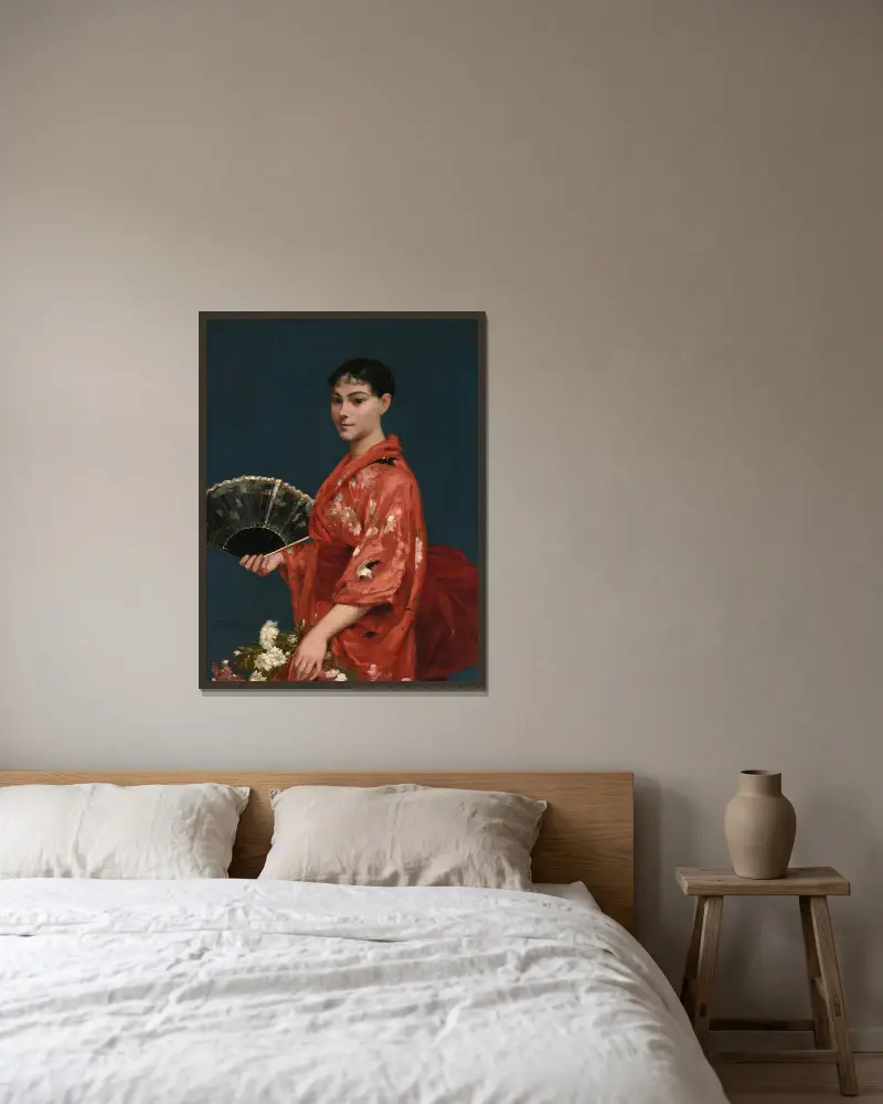 Ung kvinna i röd kimono av Frank Buchser inramad på en vägg